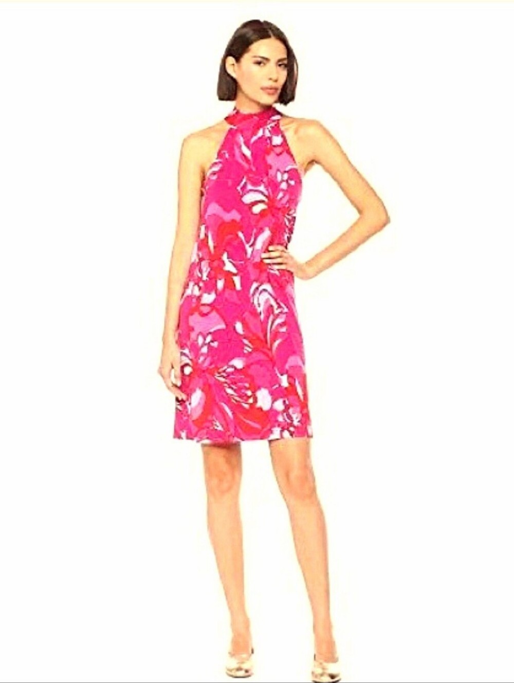 Trina Turk Craving Mock Neck Halter Shift Mini Dress Sz Small Pink Print